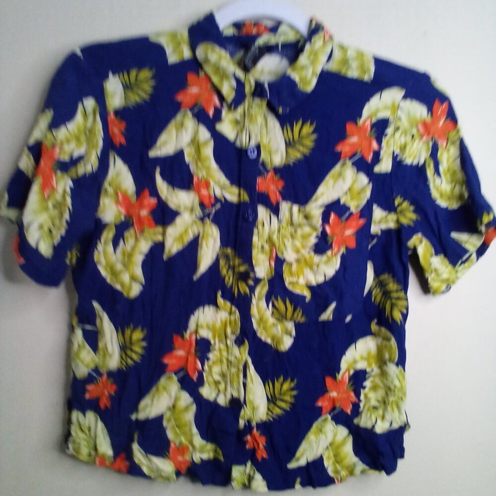 Forever 21 Shirt Women S Button Up Short Sleeve Tropical Hawaiian Blue Yellow - Picture 3 of 15
